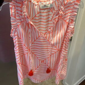 Vineyard Vines coral and White Ruffled Sleeveless Blouse